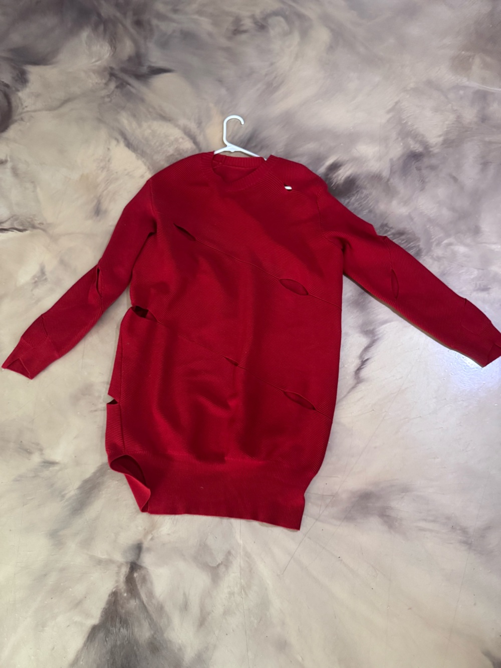 Red Distressed Longline Women's Sweater